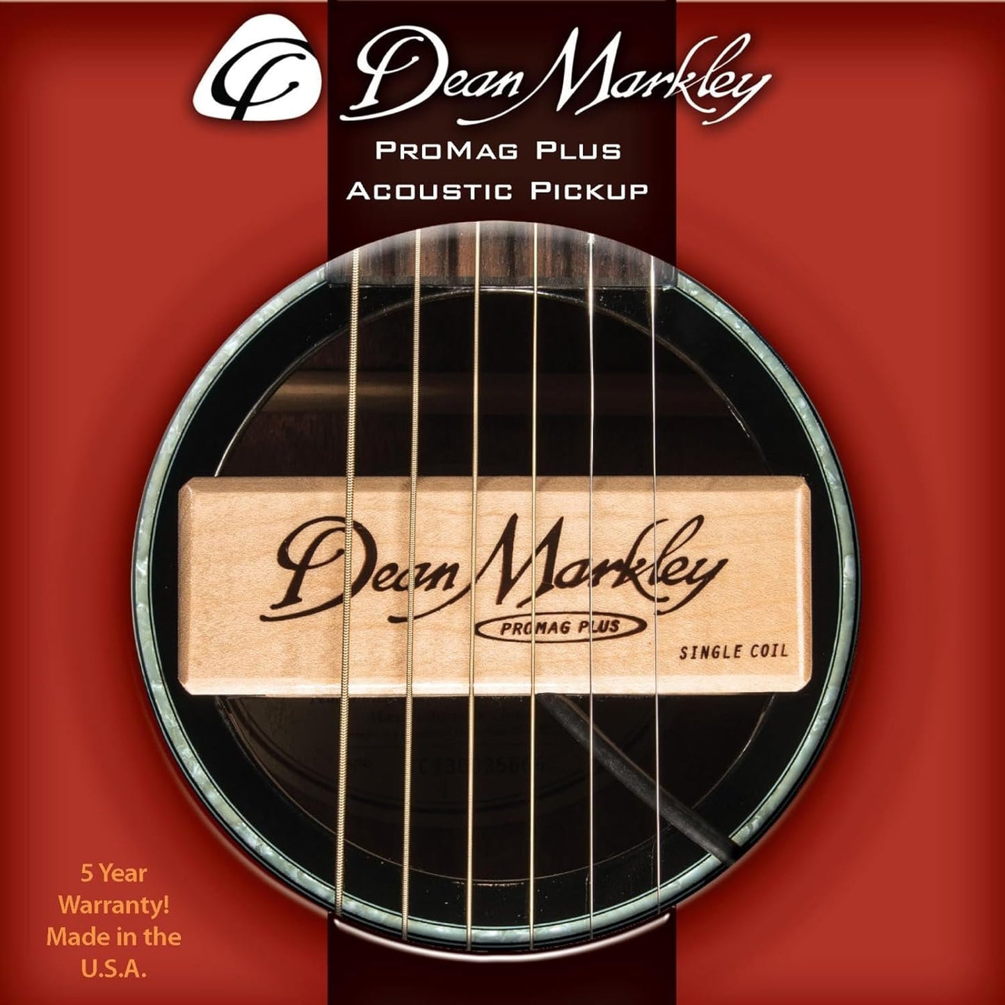 Dean Markley Pro Mag Plus Acoustic Guitar Single Coil Pickup, Smooth Maple Wood Design Active Soundhole Pickup Ebony Finish, Perfect String Balance and 15 Ft Low Noise for Steel-String Guitars